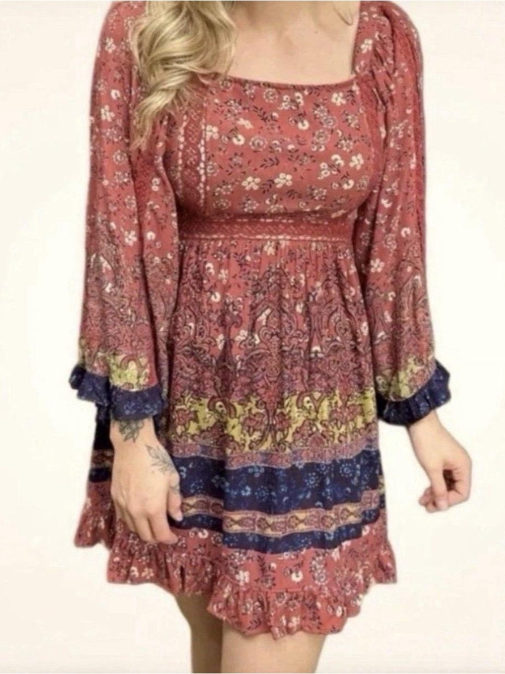Angie Dress Womens Large Red Blue Boho Floral Paisley Peasant Cottagecore
